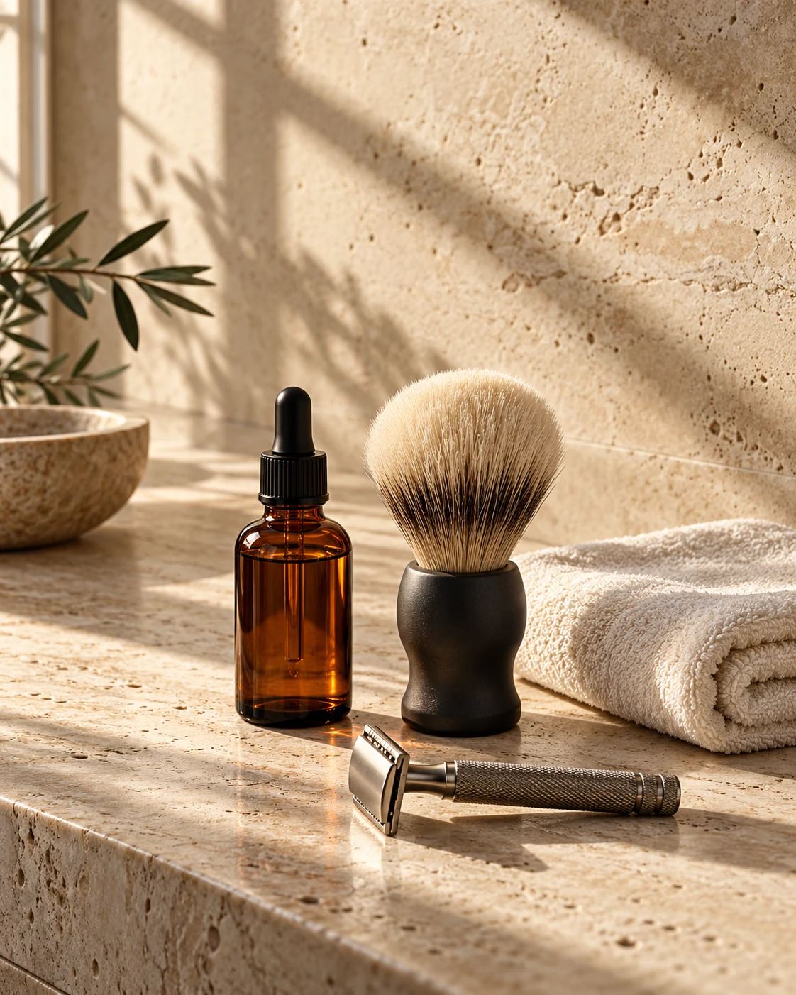 Unbranded amber bottle, shaving brush and safety razor on warm stone.