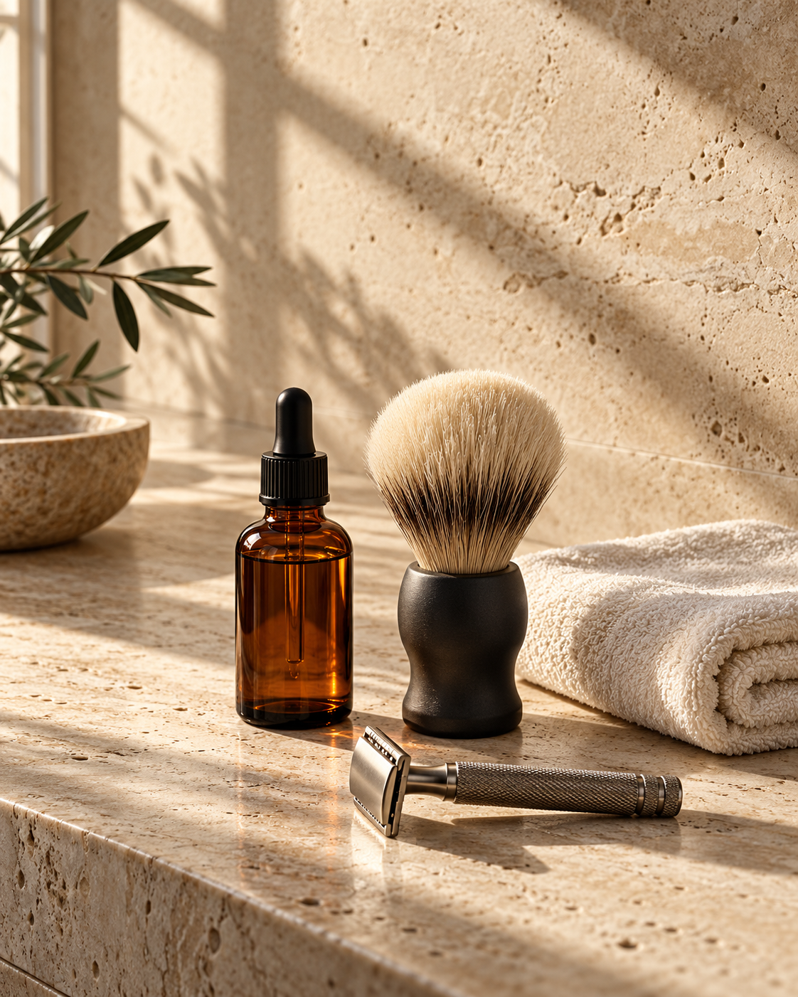 Unbranded amber bottle, shaving brush and safety razor on warm stone.